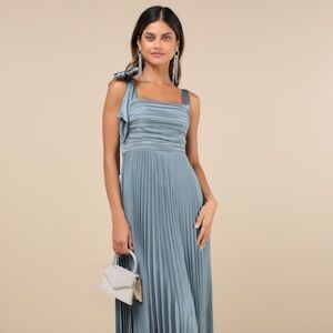 Lulus Gorgeous Purpose Slate Satin Pleated Sleeveless Bow Maxi Dress Blue